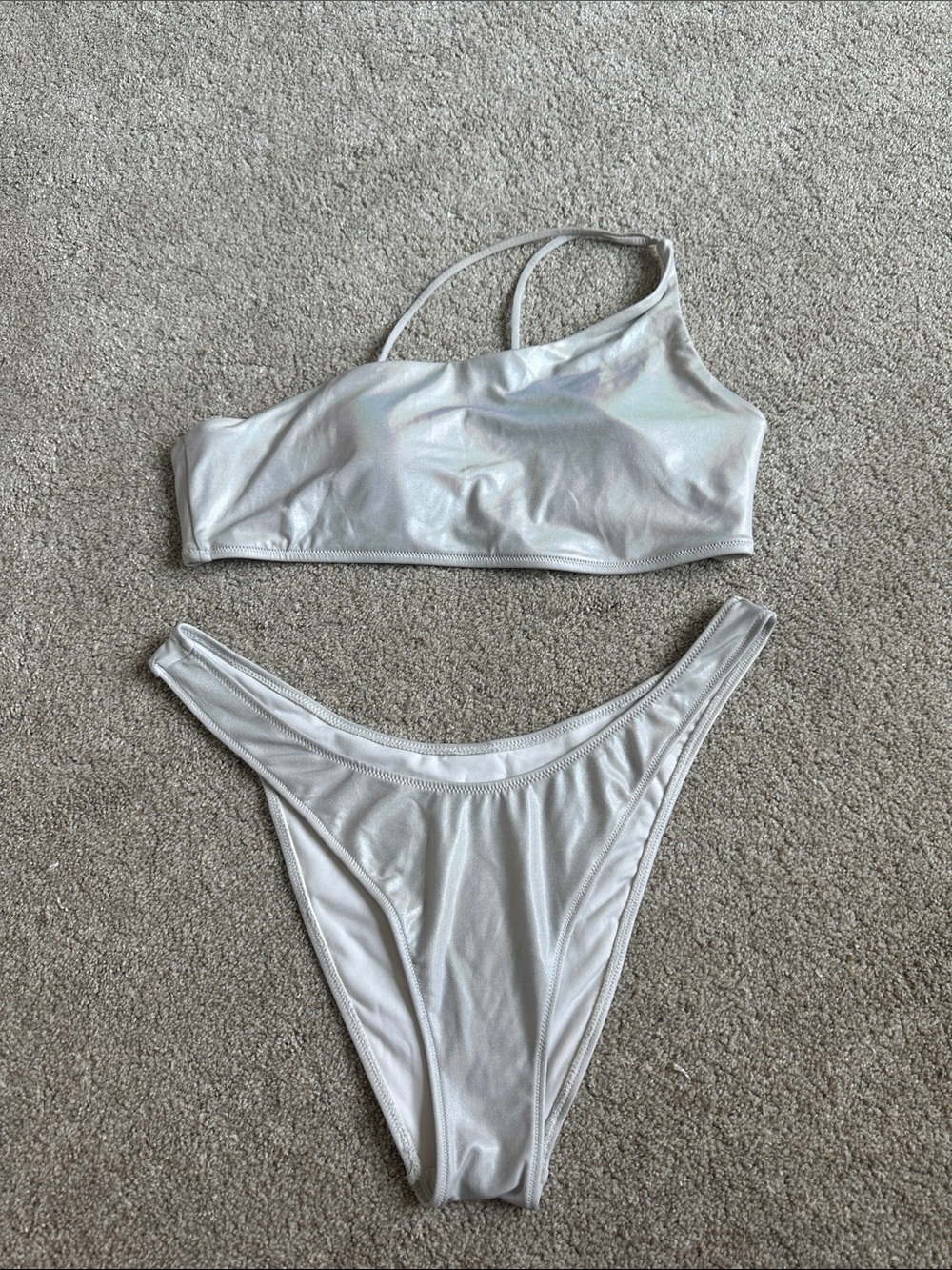 Forever 21 Iridescent Silver One-Shoulder Bikini Set